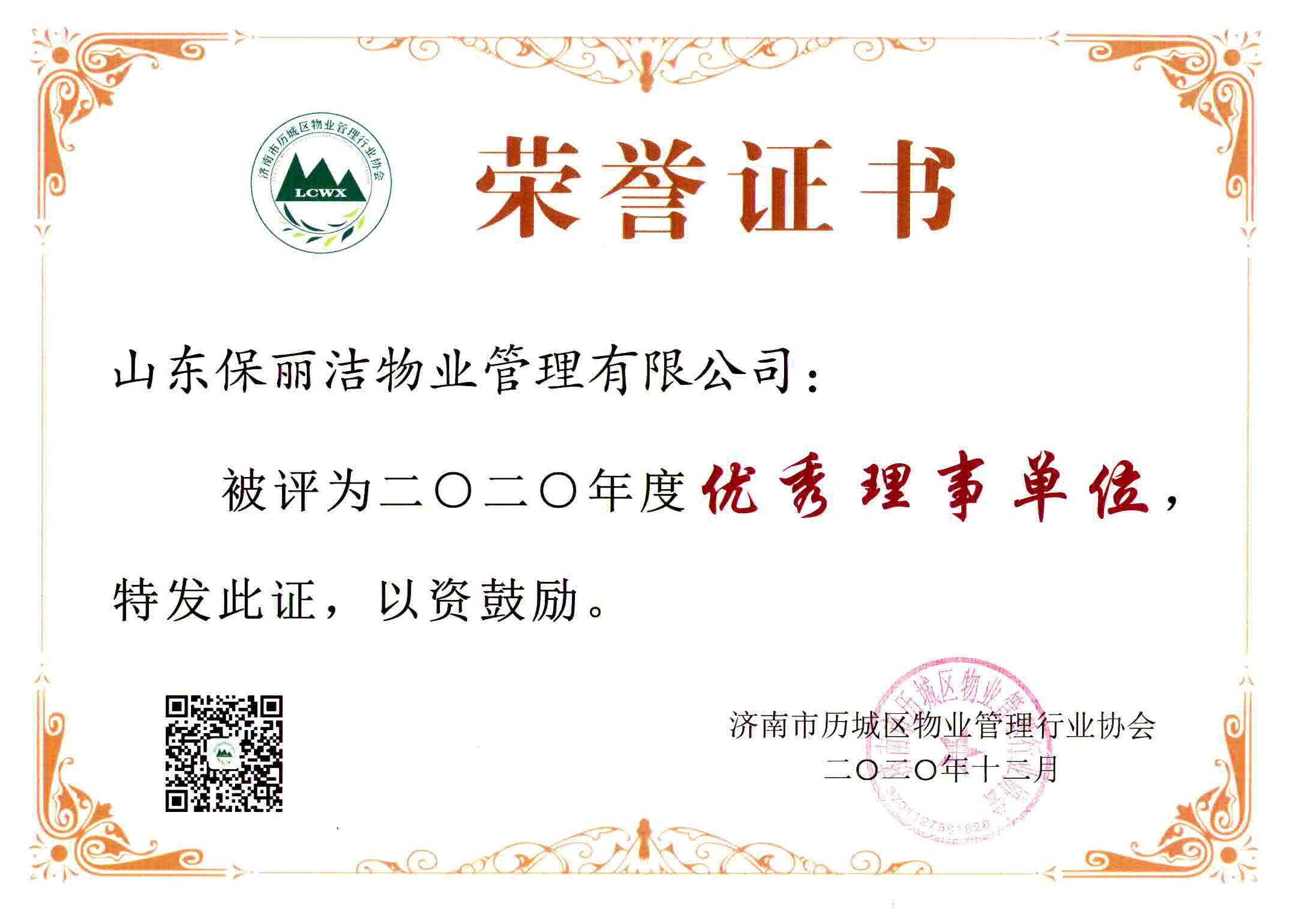 荣获2020年优秀理事单位